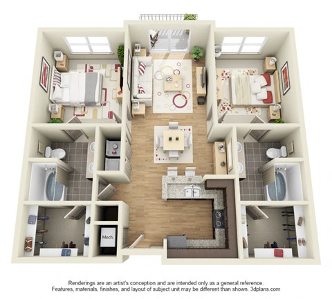 Floor plan for 2 beds, 2 baths, 1224 sqft